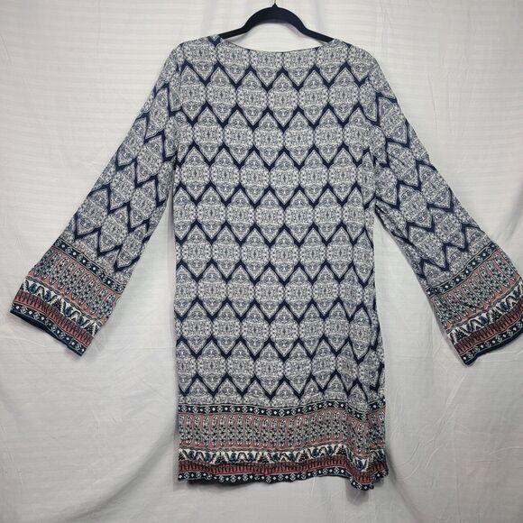 Francesca’s Women’s Alya Bell Sleeve Mixed Print Dress Tie Neck Cutout Hem L - Picture 8 of 10